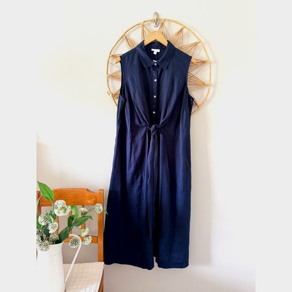 NWT J Jill Love Linen Navy Blue Shirt Dress Button Front Tie Pockets Midi XL - Picture 1 of 13